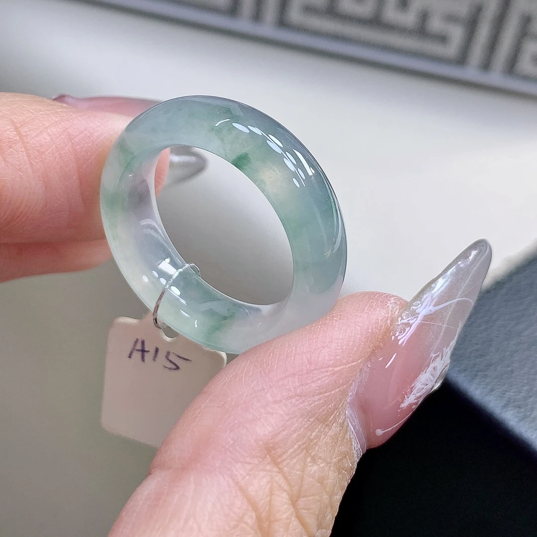 冰种玉戒指 18号 晴水冰飘花缅甸翡翠戒圈 尺寸18-7-4.1mm