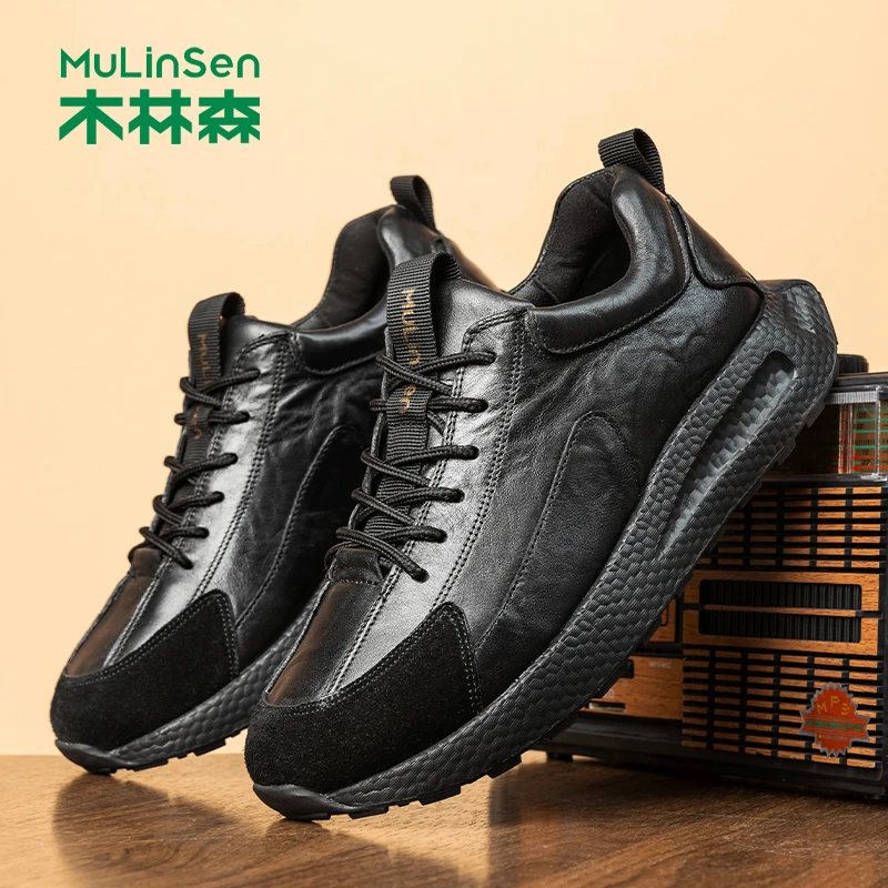 木林森秋冬软底高级感真皮休闲皮鞋头层牛皮黑色鞋商务2025休闲鞋
