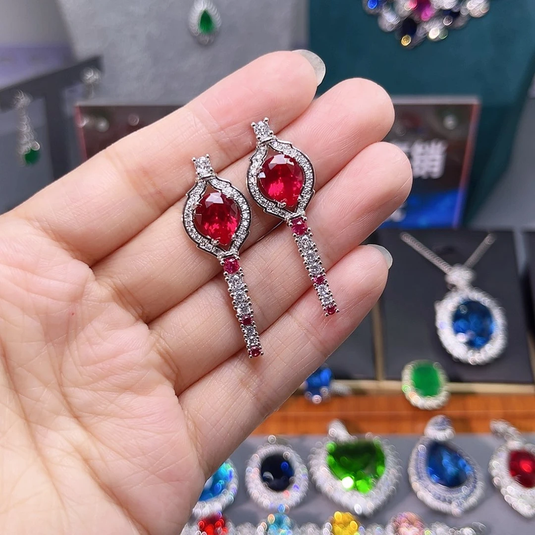 耳饰银S925镶嵌红宝石t z 255