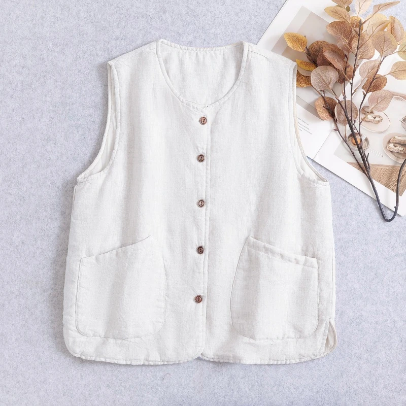 暖洋洋火龙果长袖圆领棉服马甲女保暖文艺米杏色棉袄马夹2025秋冬