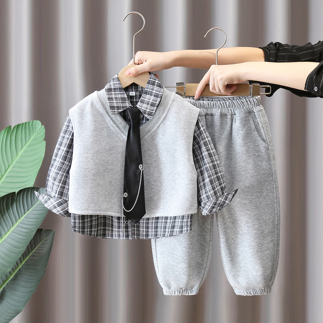 儿童格子衬衫套装洋气春秋韩版童装酷帅男童秋季马甲卫裤三件套秋