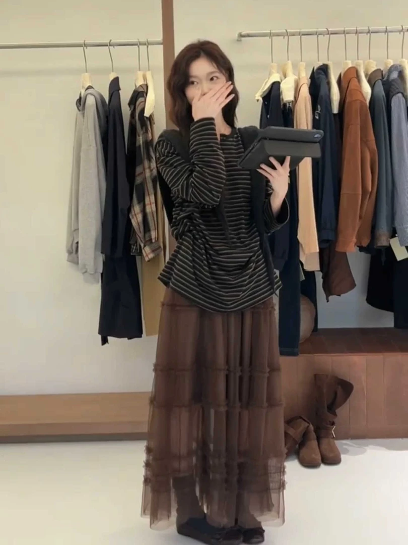 韩版2025秋新款纱裙半身裙咖色复古中长款小众设计重工长裙女显瘦