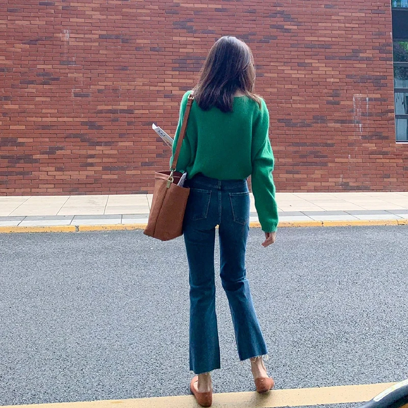 复古微喇牛仔裤女2025新款春秋季高腰显瘦弹力毛边八分九分小个子