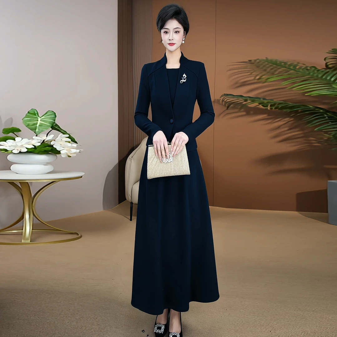 时尚气质加厚藏蓝色连衣裙2025新款设计感假两件气质过膝长裙1105