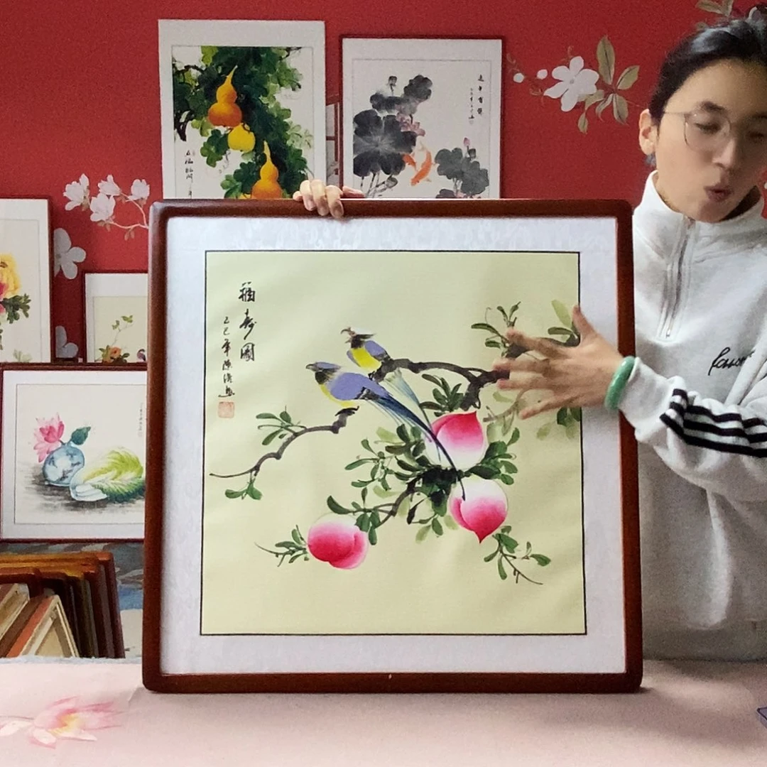 国画手写手绘带框包邮国画作品62✖️62