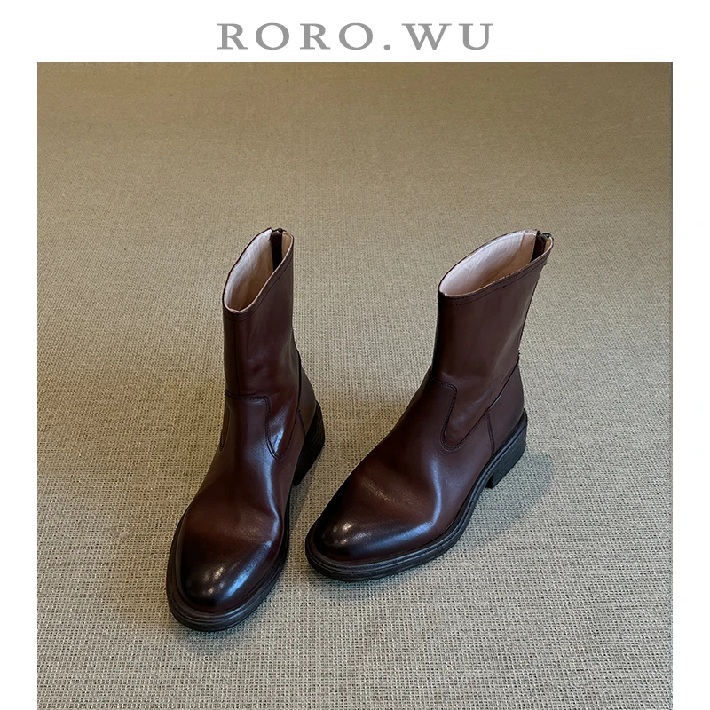 娆娆吴·水洗头层羊皮复古粗跟显瘦秋冬新款粗跟短筒马丁靴女Z09