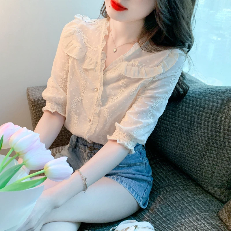 小香风气质荷叶边雪纺衫上衣女温柔甜美短袖蕾丝衬衫 6767 SH08