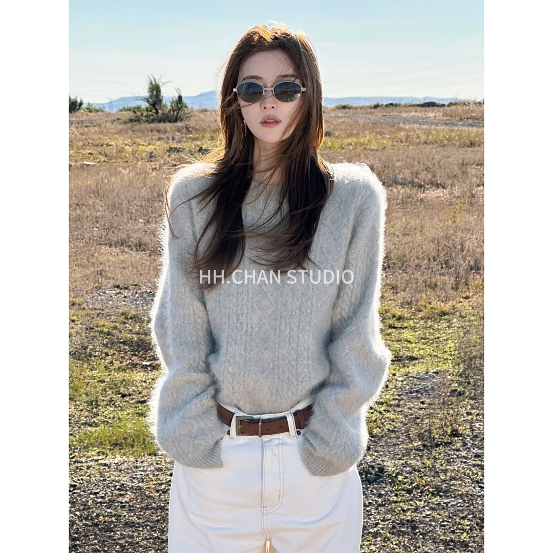 HH.CHAN"贵公子"100%山羊绒竖状菱形格草木灰圆领毛衣HH53G38268