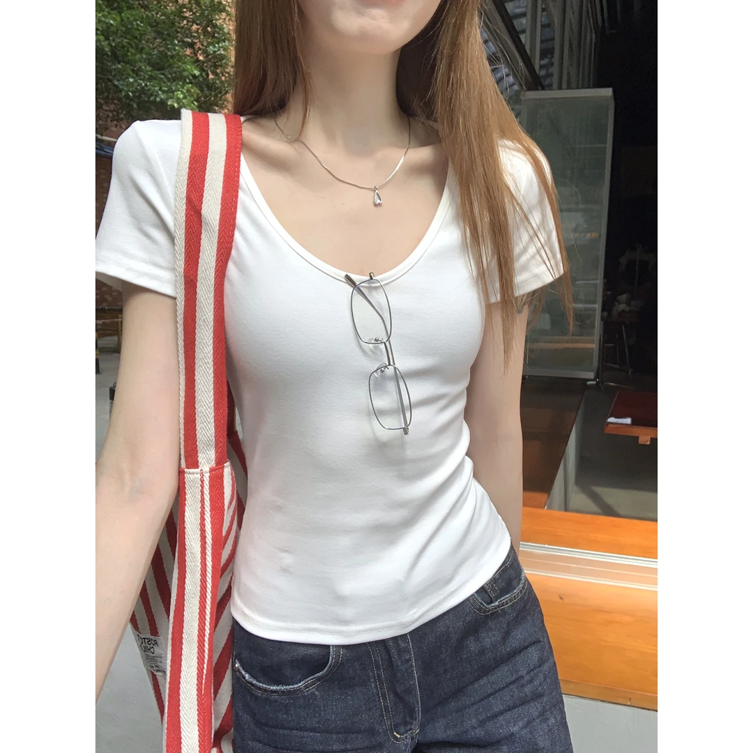 实拍实价 夏季韩版气质修身v领简约多色百搭纯棉短袖T恤上衣女