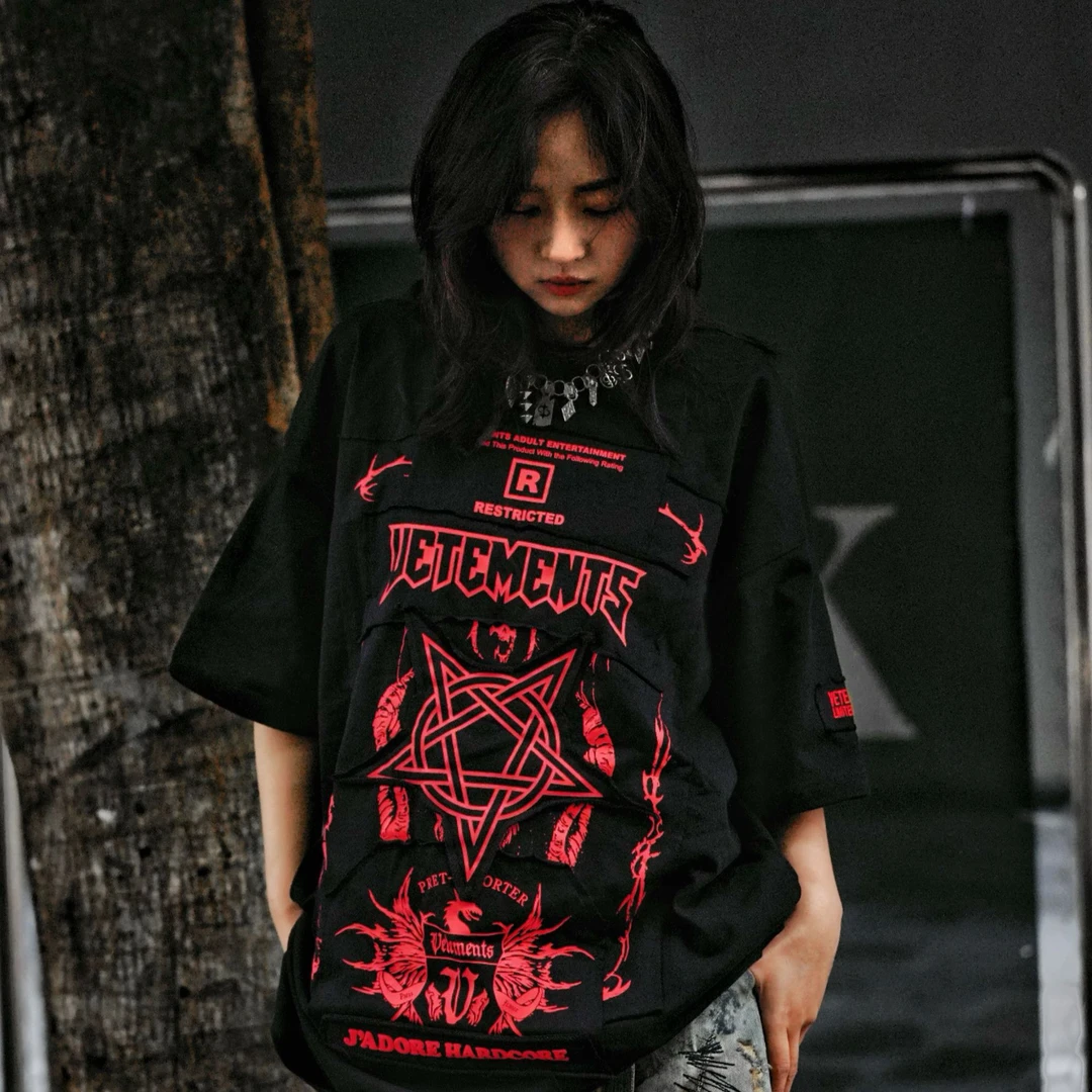 原创【封印】重磅涂鸦短袖拼接破染短袖高街潮牌痞帅半袖小众设