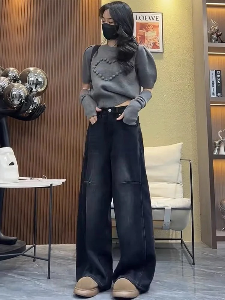 董小姐/2301美式复古黑灰色阔腿直筒弯刀拖地裤（实物直播间为准）