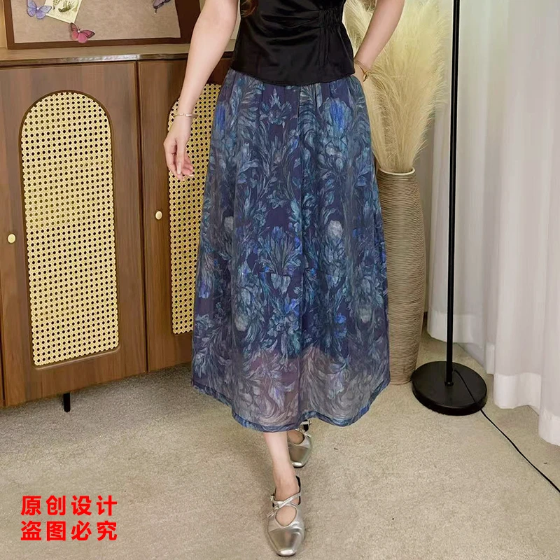 天丝亚麻印花花苞裙半身裙夏季薄款高腰显瘦A字裙中长款松紧腰裙