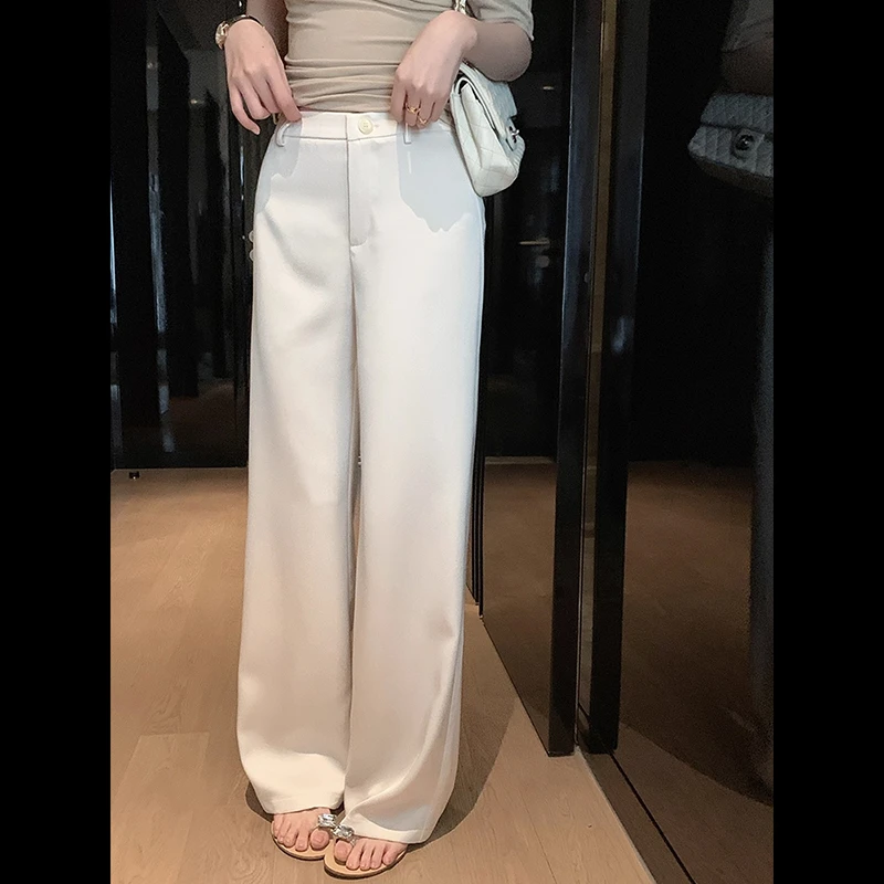 【白月光】白色缎面直筒休闲裤女百搭宽松高腰阔腿裤垂感拖地裤子