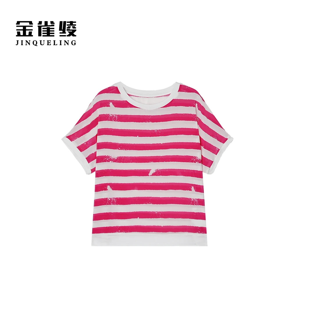 金雀绫【玫瑰条纹】100桑蚕丝条纹透气百搭加宽加大小衫SZA2S364