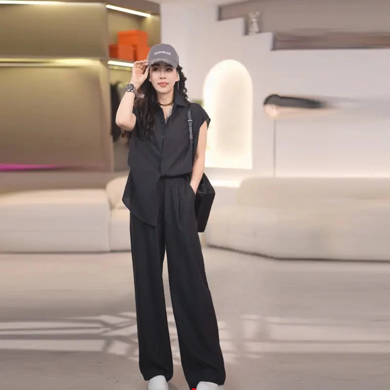 时尚休闲套装女2026夏季防晒宽松短袖衬衫+高腰显瘦直筒裤两件套