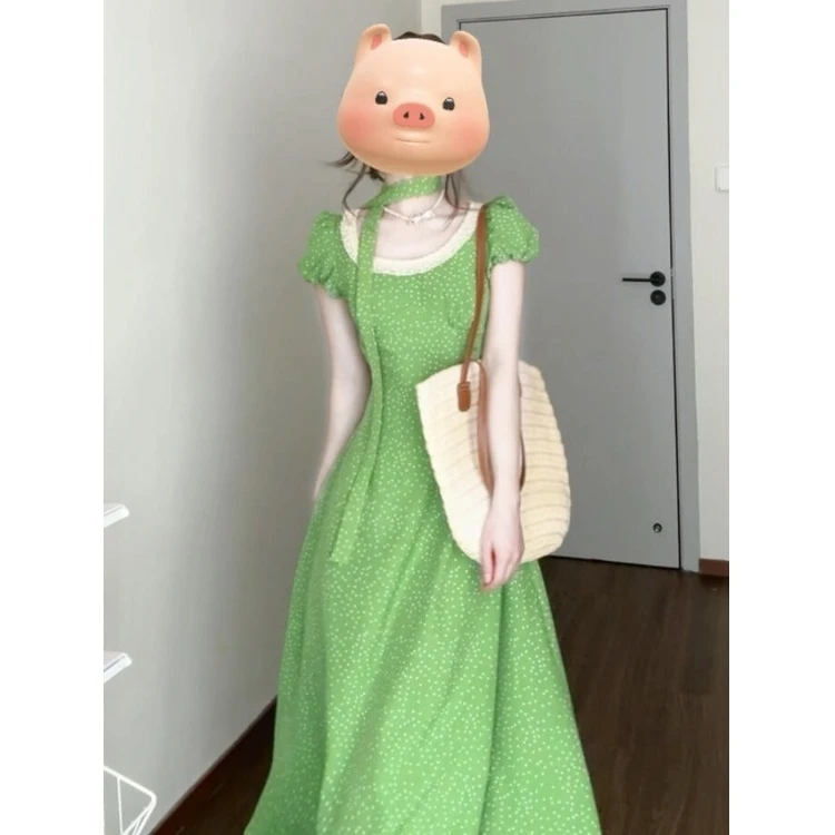 大码法式蕾丝波点连衣裙女夏季小清新绝美裙子胖MM遮肚显瘦A字裙