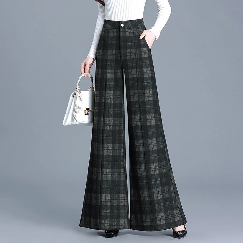 毛呢喇叭裤女2025新款秋冬高腰显瘦宽松大脚裤垂坠感微喇裤格子裤