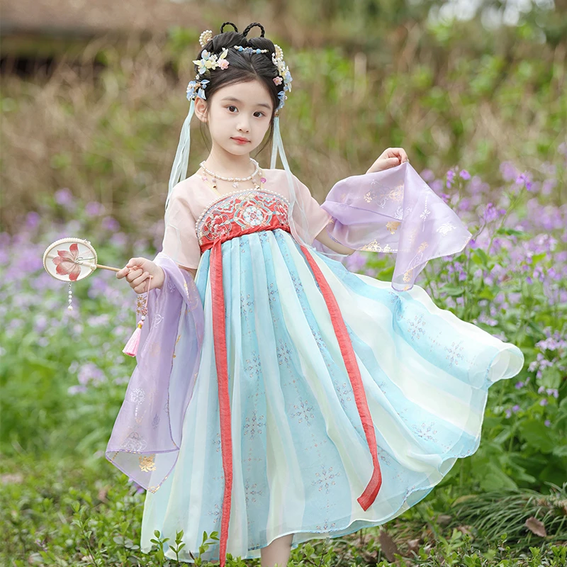 【云锦】女童汉服夏季宝宝古装古风超仙刺绣短袖裙子儿童国风连衣裙