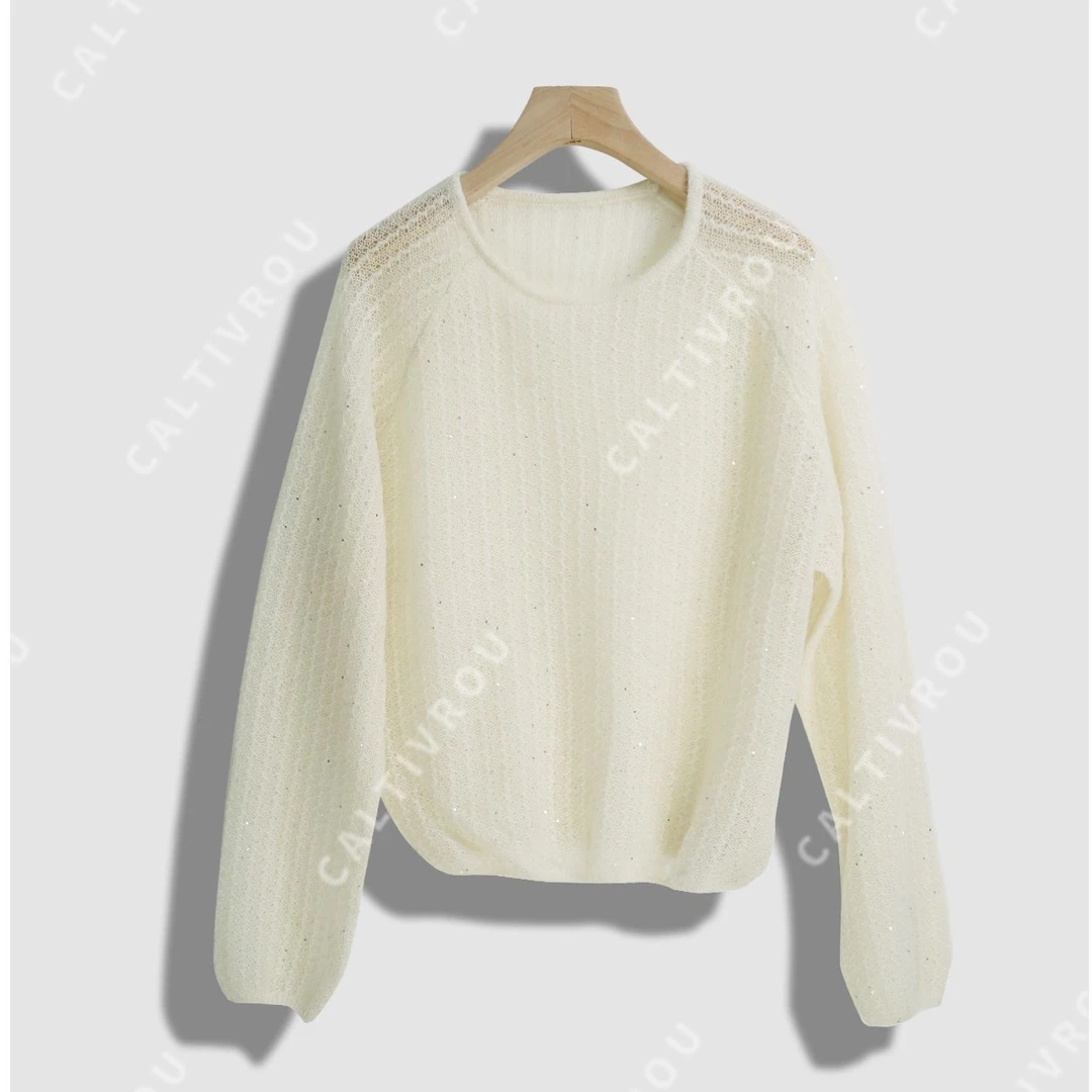 JIUJIU镂空圆领宽松慵懒针织罩衫-Y14955