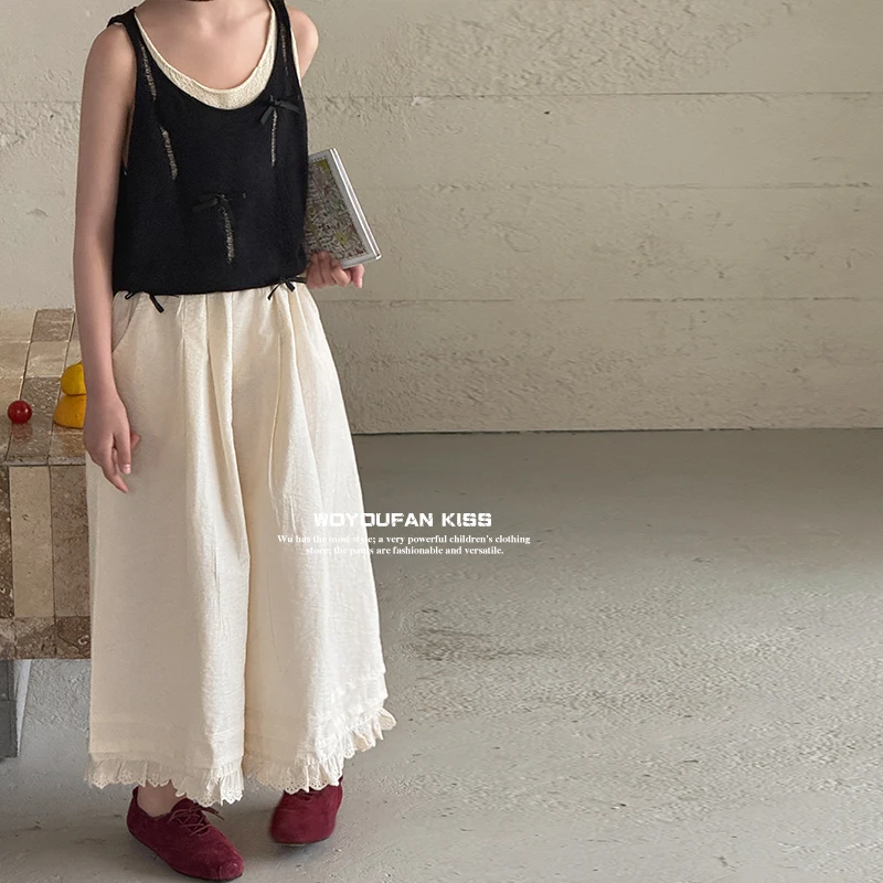 女童森系花边棉布阔腿裤夏2025新款女中大童洋气甜美休闲阔腿裤