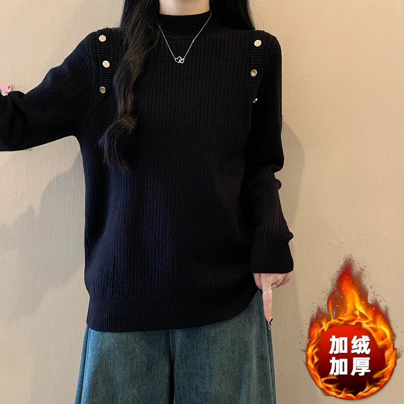 大码半高领加绒加厚针织打底衫女秋冬新胖MM宽松显瘦百搭洋气毛衣