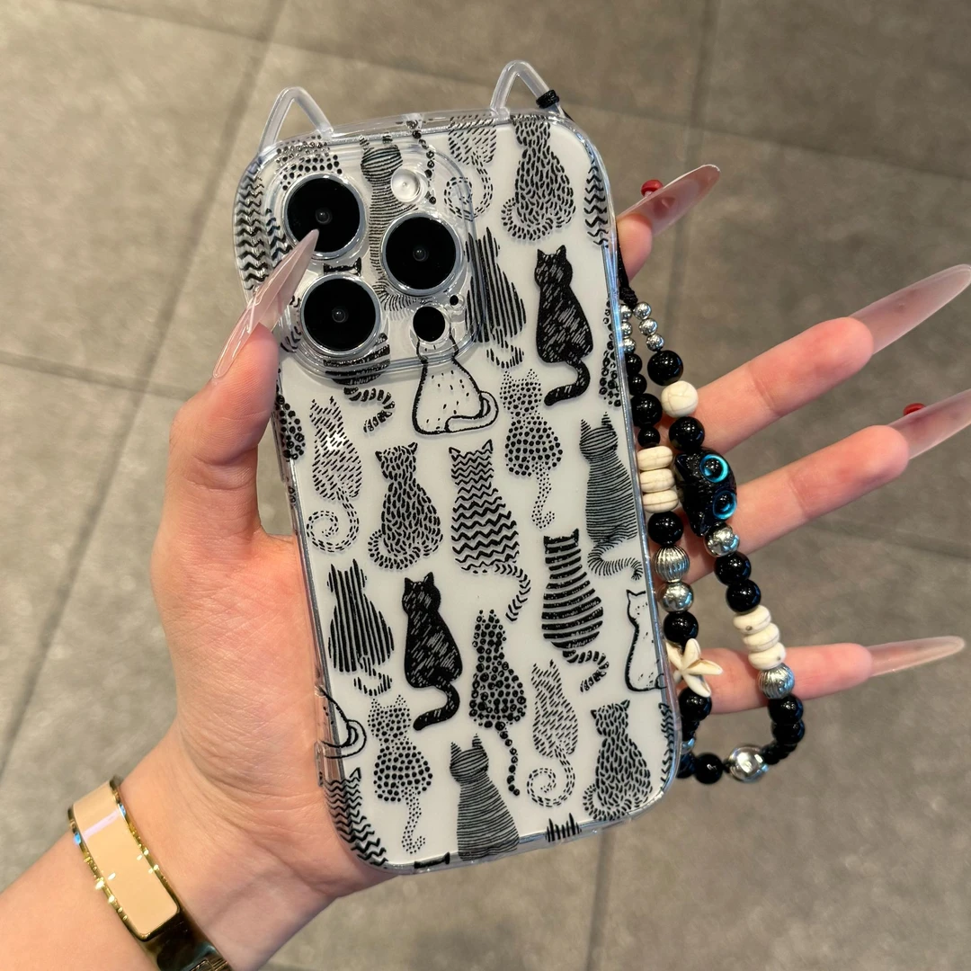 GGBond满屏猫咪背影适用iPhone16挂链15pro苹果14猫耳朵13手机壳