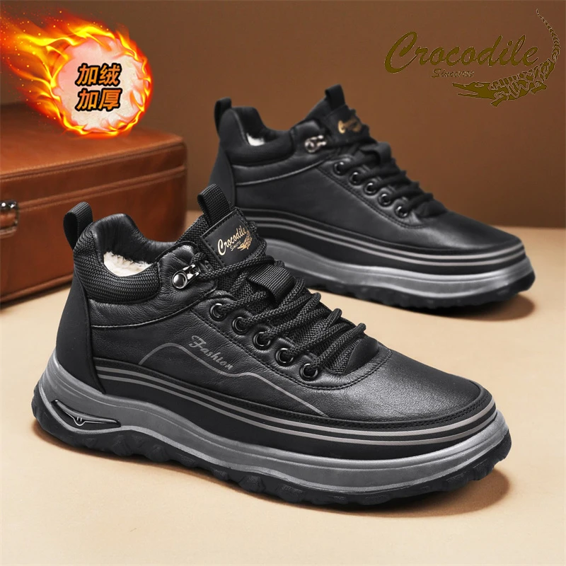 鳄鱼恤高帮棉鞋子男款冬季加绒保暖厚底增高雪地靴户外防寒爸爸鞋