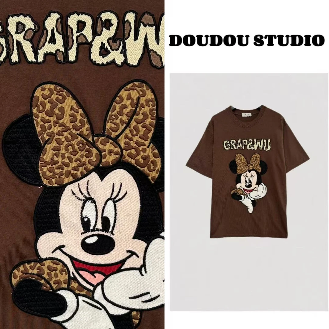 【兜兜】豹纹米妮 夏款卡通刺绣宽松短袖T恤 210311
