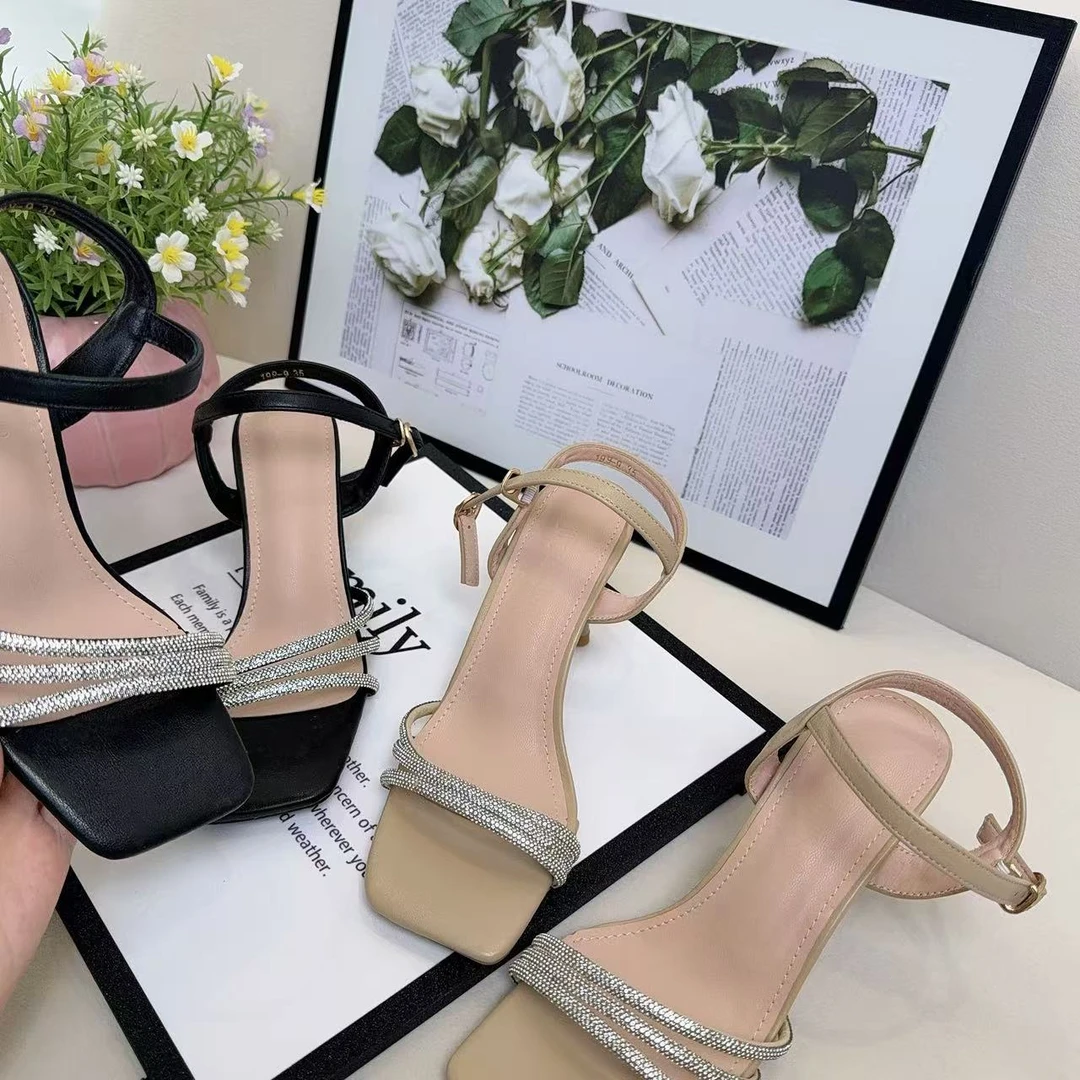 高级感高跟鞋细跟凉鞋精致不累脚一字带露趾高定轻奢上班W199-9