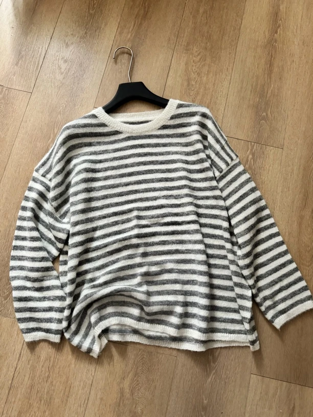 宽松休闲条纹套头薄毛衣针织衫上衣女