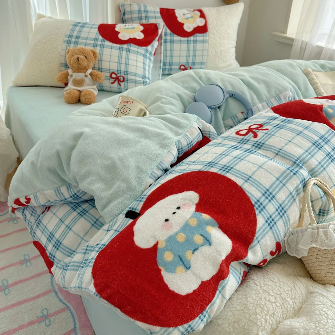 ins卡通牛奶绒床上四件套秋冬加厚床单被套学生宿舍珊瑚绒三件套4