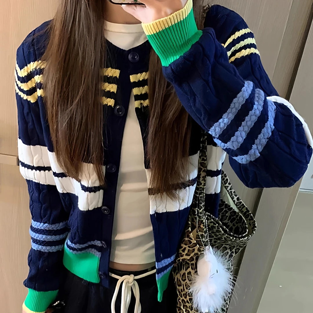 美式复古条纹撞色拼接针织开衫女秋季新款休闲显瘦上衣外套毛衣女