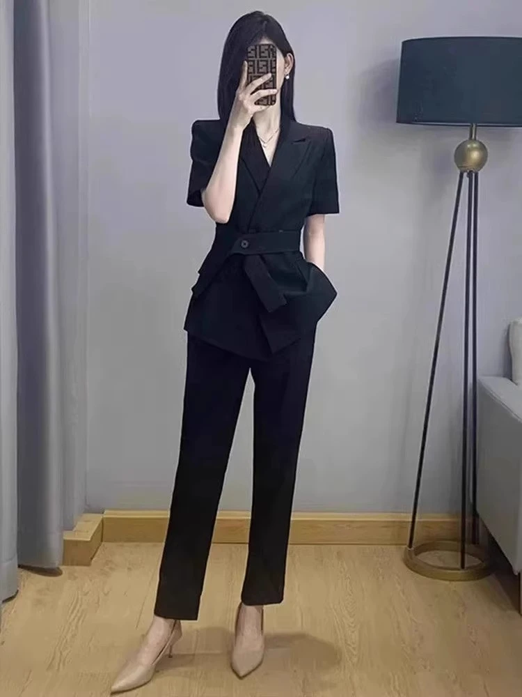 高级感黑色新中式短袖西装套装女夏季新款气质职业通勤西服两件套