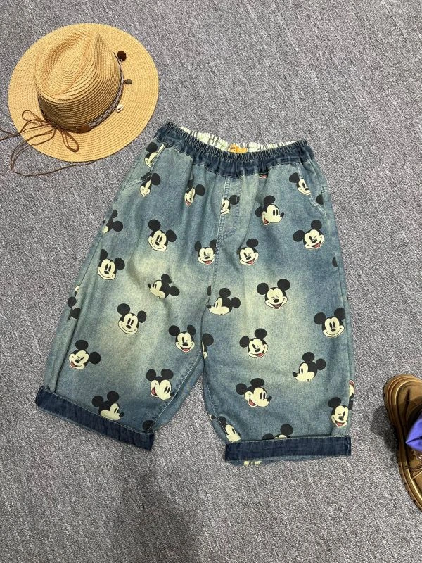 【85387短款米奇】潮流彩色贴布文艺印花女牛仔裤哈伦宽松大码水洗
