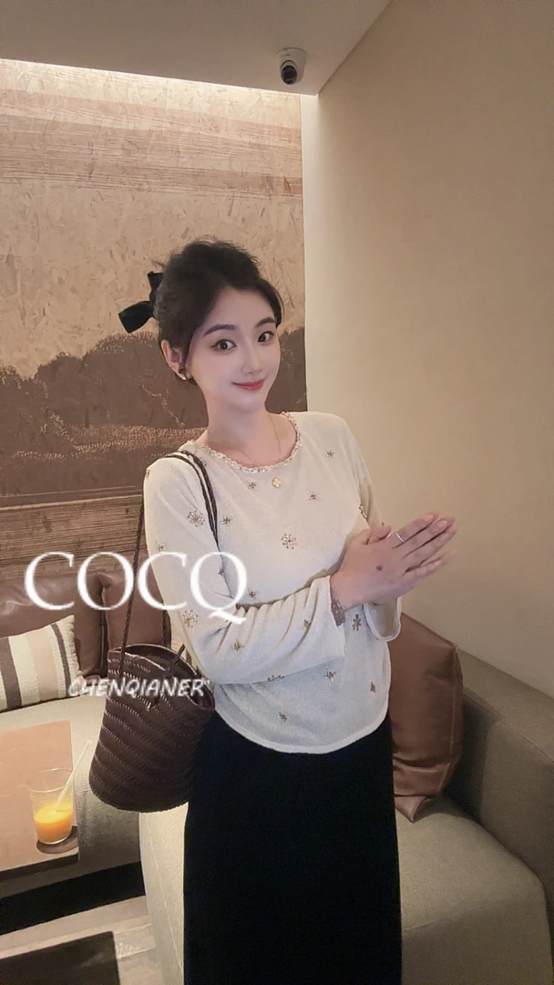【COCQ】2025秋季新款温柔风长袖T恤女设计感时尚
