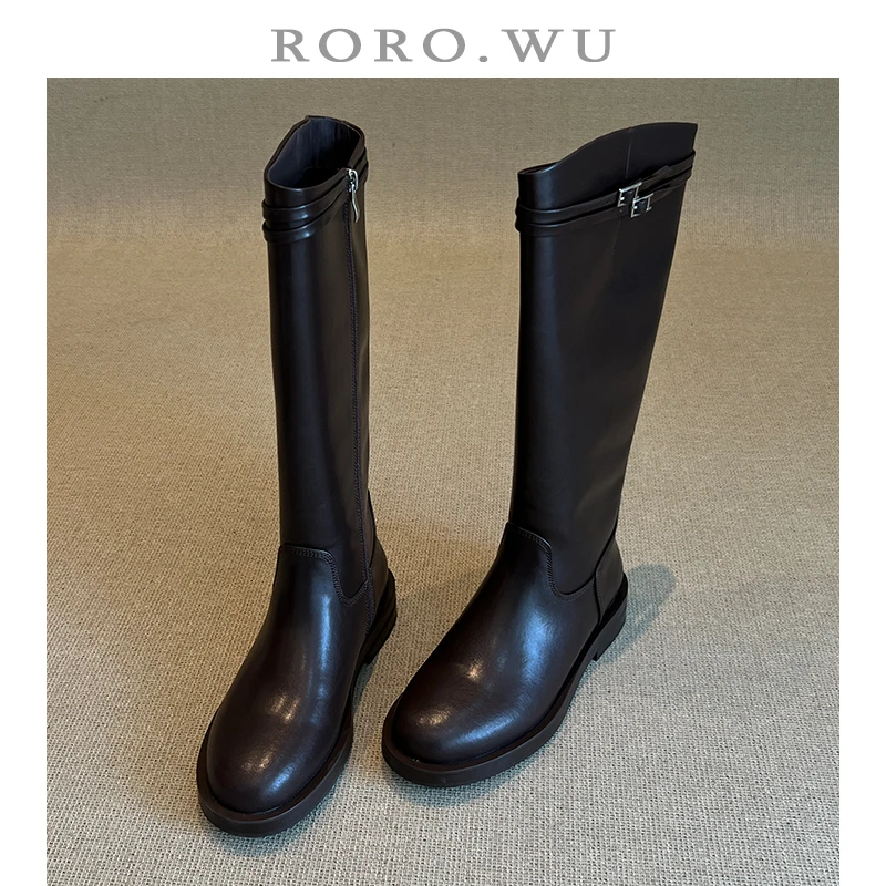 娆娆吴·牛皮时尚气质纯色简约扣带秋冬款高筒骑士靴百搭女靴X514