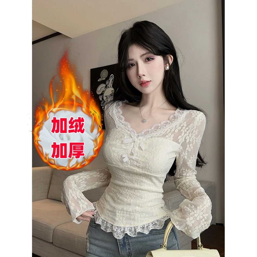 【多美】德绒加绒加厚蕾丝印花v领打底纯欲女修身上衣