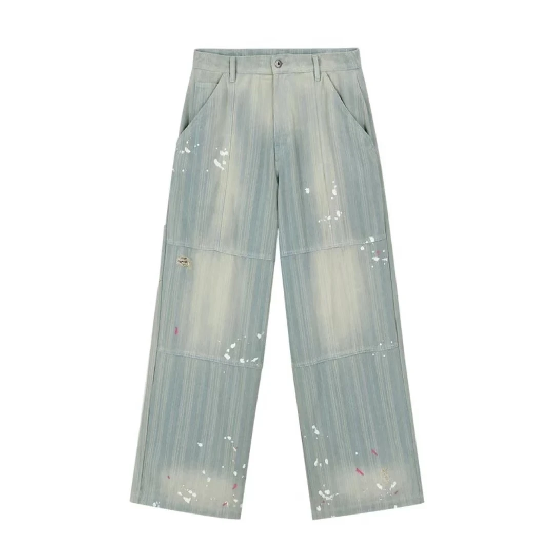 (FAX)泼墨水洗条纹肌理轮廓画家工装牛仔长裤2461-G10-10