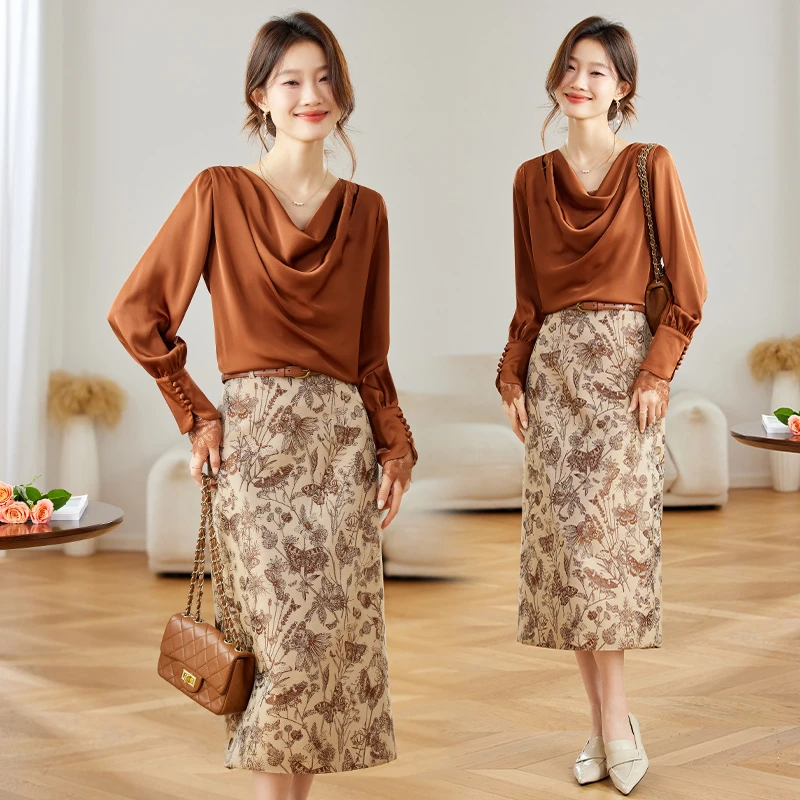 职业气质套装女2025初秋新款休闲长袖蕾丝拼接衬衫印花包臀半身裙