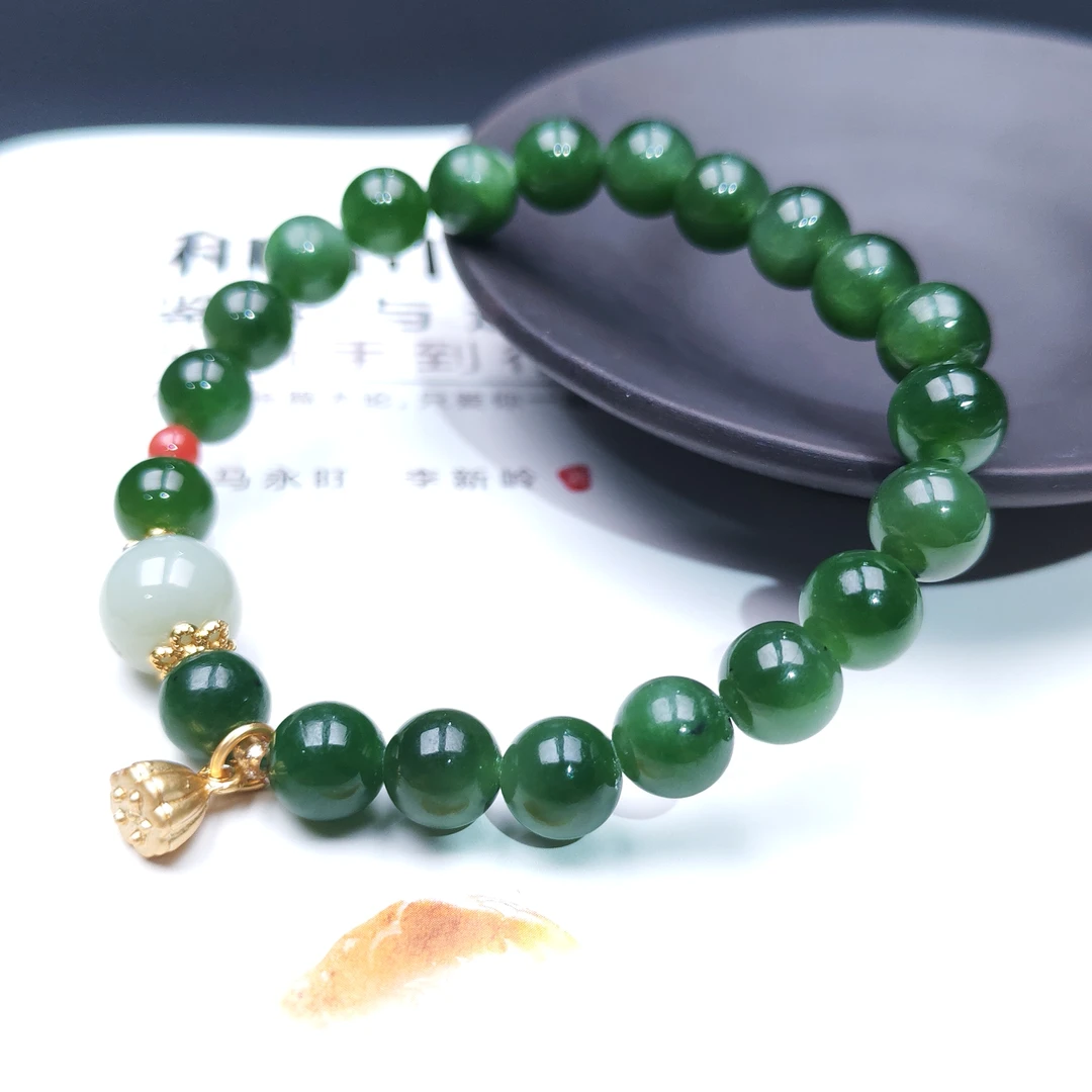 【华之京】和田玉碧玉圆珠手串 女士单圈手链8mm H3239
