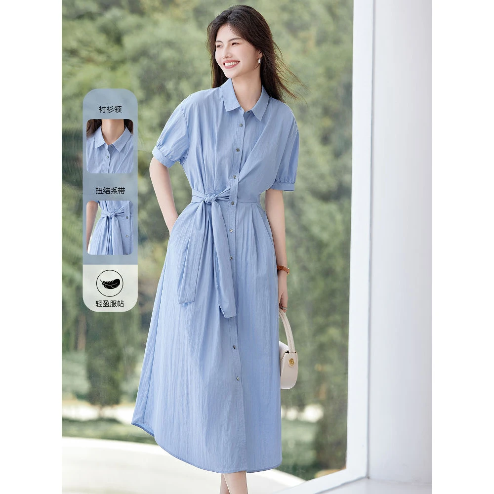 2025法式天蓝色衬衫系带连衣裙女装夏季设计感泡泡袖长裙女士