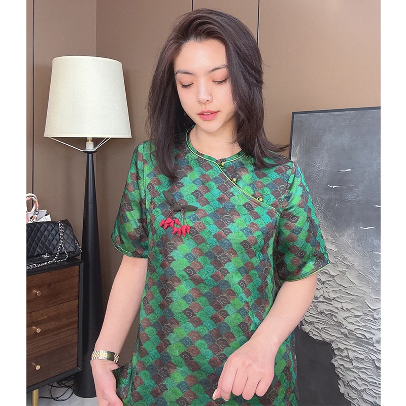 美美国风2025夏季复古时尚气质半袖提花斜襟祥云暗纹新中式上衣