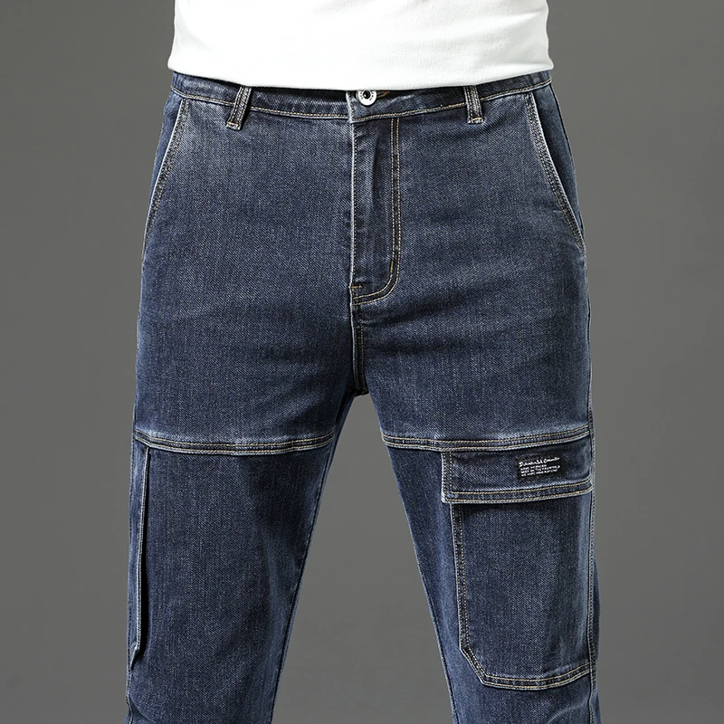 春秋款男士牛仔裤弹力宽松直筒多口袋时尚拉链工装牛仔裤休闲长裤