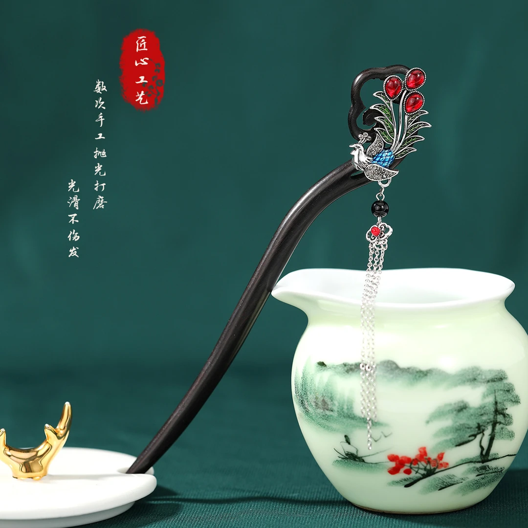 威德妮 黑檀木发簪新中式古风四叶贝壳花发簪高级感汉服旗袍发钗
