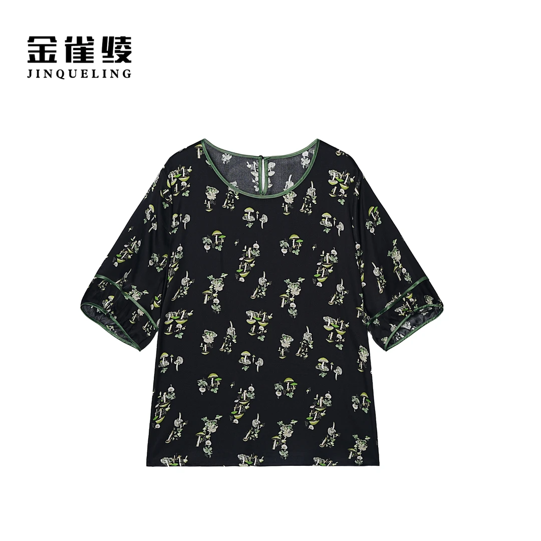 金雀绫【好多蘑菇】桑蚕丝百搭舒适满印加宽加大小衫SZA2S343