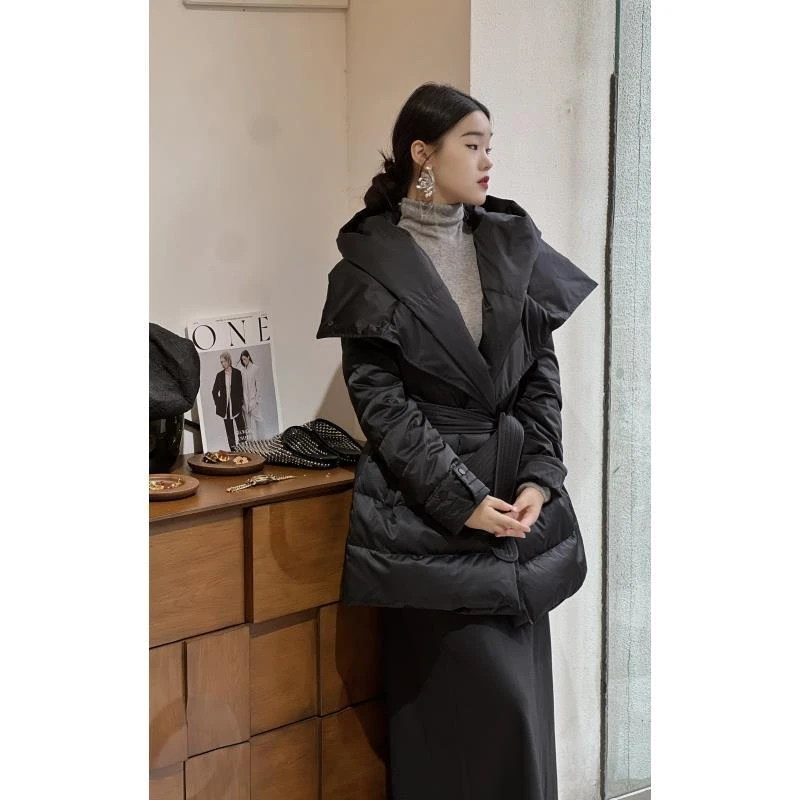 【WG万哥｝匈牙利白鹅绒服真丝中长款系腰带外套连帽羽绒服