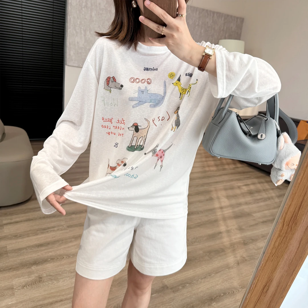 靓小靓【手绘小狗冰膜大T】天丝竹节凉感宽松长袖 中长白T遮阳罩衫