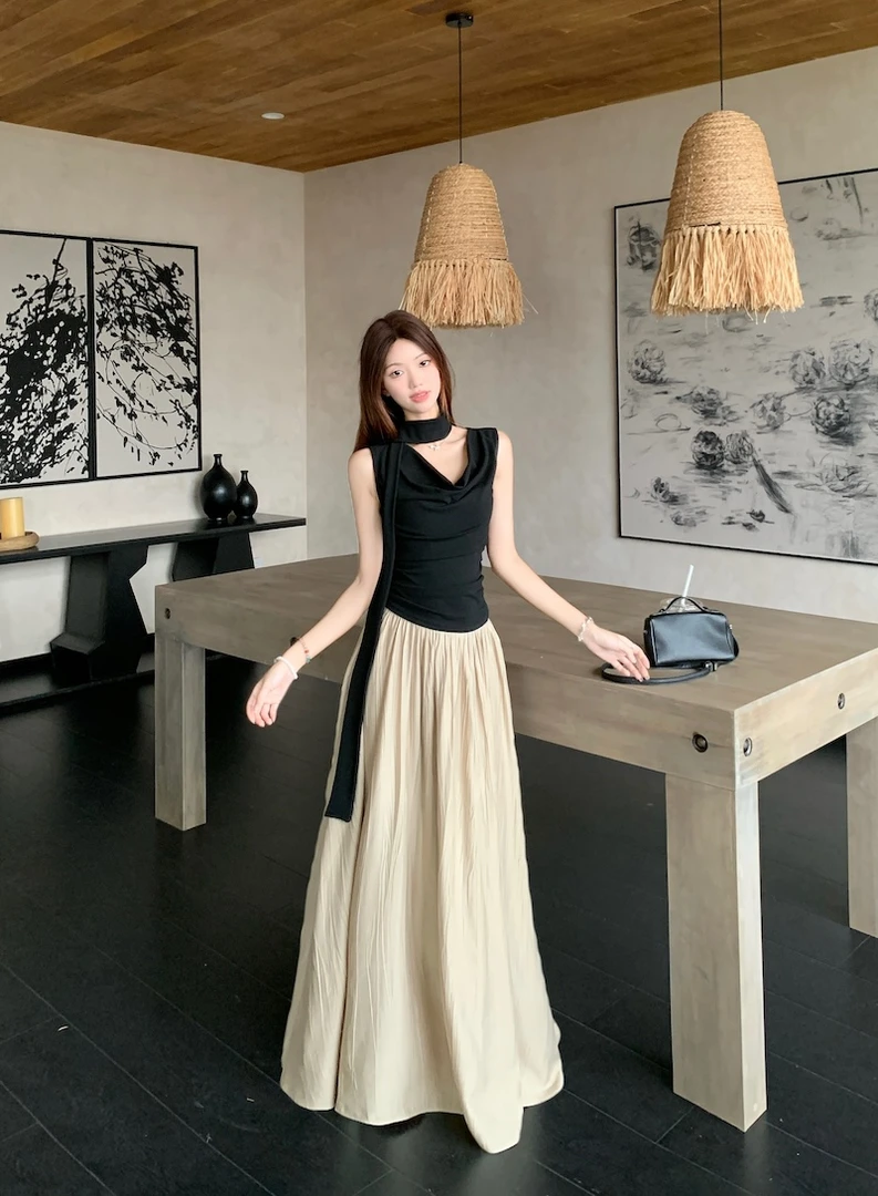 黑色显瘦气质大裙摆A字长裙设计感荡领飘带背心上衣高腰夏季复古