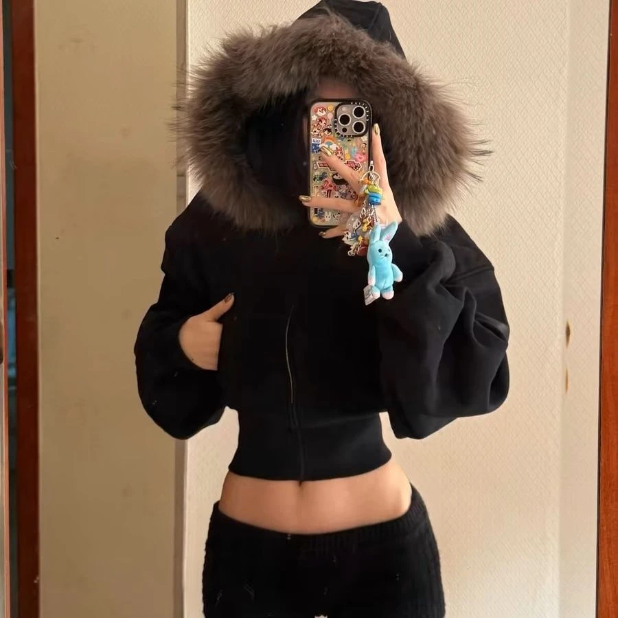 美式复古黑色毛领短款拉链连帽卫衣秋冬季新款设计感衣开衫外套女