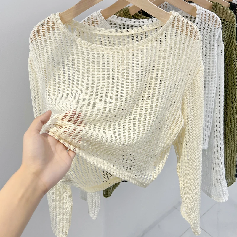 长袖T恤女薄款2025新款杏色配吊带外搭防晒镂空圆领针织罩衫上衣